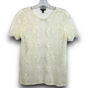Express Sheer Lace Short Sleeve Top Blouse Eyelish Trim Cream Off White Size XS